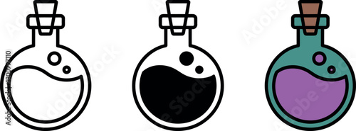 Three magical potion bottles illustration in outline and full color vector format for web design