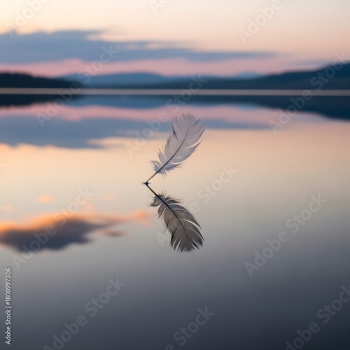 A serene scene of a single white feather floating on calm water during sunset with a pastel-colored sky and distant mountains in the background