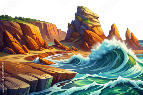 Strong waves hitting sharp rocks on rugged coastline, windy dynamic seascape with dramatic spray and textures