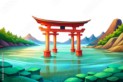 Tranquil Japanese coastline with red torii gate standing in shallow water, misty mountains and gentle waves