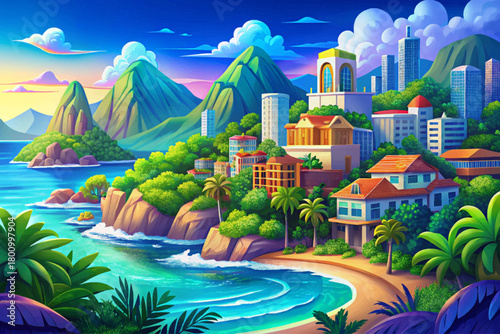Vibrant blue sea with lush mountains vector cartoon, colorful city coastline and iconic tropical atmosphere