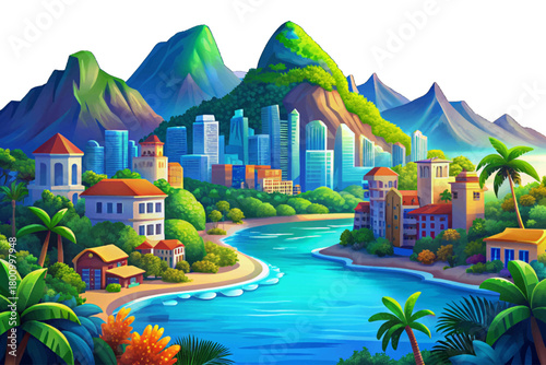 Vibrant blue sea with lush mountains vector cartoon, colorful city coastline and iconic tropical atmosphere