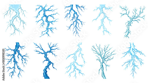 Collection of diverse blue lightning bolt vectors and electric thunder strikes, digital energy discharge, storm flash design elements.