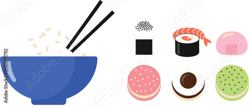 Flat Design Asian Food Icons Set with Rice Bowl, Chopsticks, Sushi Rolls, Shrimp, and Mochi Dessert Vector.