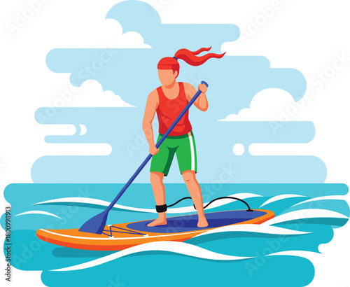 Flat Design Vector Illustration of Woman Paddleboarding (SUP) on the Ocean Waves for Summer Water Sports and Fitness.
