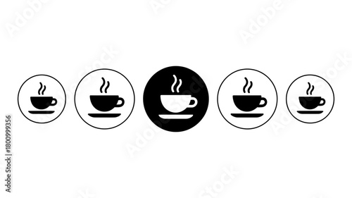 Steaming hot coffee cups in various icon styles, including outline and filled designs, arranged horizontally, useful for beverage menu graphics.