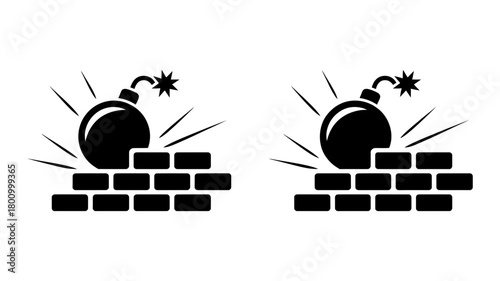 Dynamic black bomb icon on a brick wall barrier, symbolizing destruction, explosive power, a challenge, security breach, breaking through obstacles or impending danger, attack.