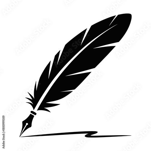 Black quill pen creating an elegant ink stroke, symbolizing traditional writing, education, literature, art, and historical documentation. isolated vector illustration.