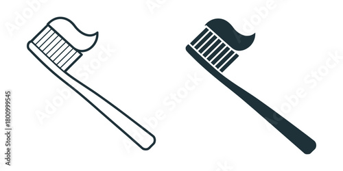 Toothbrush with toothpaste icon set showcasing essential oral hygiene tools for daily dental care and fresh breath maintenance. vector illustration.