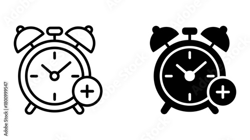 Adding a new alarm clock symbol with a plus sign, presented in both outline and solid black vector styles for scheduling and time management applications