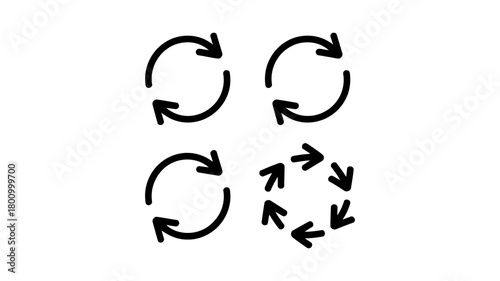 Set of four vector refresh and repeat icons with circular arrows representing loop, reload, update, rotation, and continuous cycle symbol