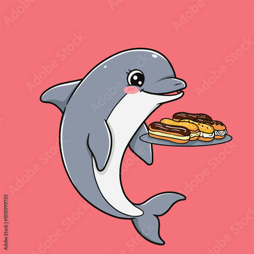 Cute cartoon dolphin character holding a plate of assorted éclairs on a pink background.
