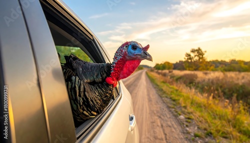 A turkey enjoys a car ride with its head out the window.