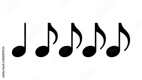 Five distinct eighth notes, also known as quavers, rendered in black, neatly arranged in a horizontal row against a crisp white backdrop, symbolizing melody, rhythm, and artistic expression.