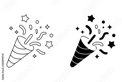 Party popper icon set, celebration and festive event symbols with confetti and stars bursting out, outline and solid fill design for joyful occasions.