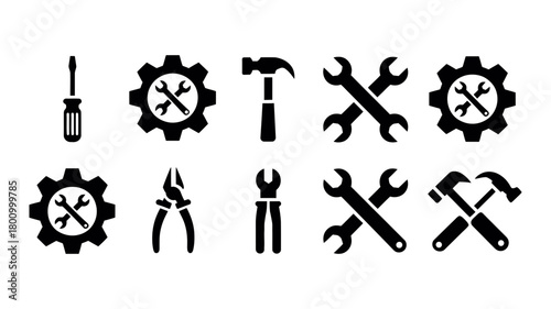 Collection of essential black silhouette tool icons, including screwdrivers, gears, hammers, wrenches, and pliers, representing repair and service