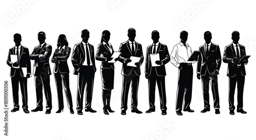 Silhouette illustration of diverse business people standing in a row in formal attire