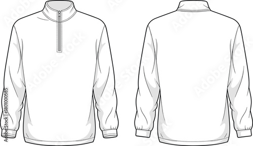Minimalist quarter-zip pullover template, front and back technical drawing, clean line art mockup, apparel design outline for fashion designers, garment illustration
