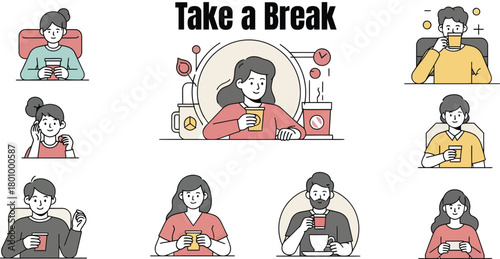 Illustration of people taking a break and enjoying coffee or tea in different settings and poses