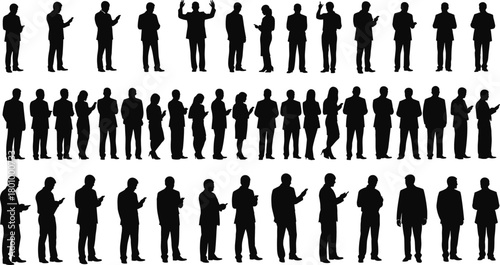 Business people silhouettes using smartphones, corporate men and women texting and talking on cell phones, mobile communication vector set.