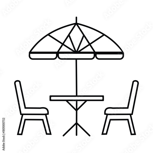 Outdoor table with two chairs and umbrella isolated on white background