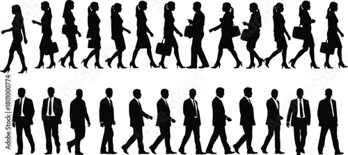 Walking business people silhouettes collection, male and female professionals in suits, corporate staff and manager diverse teamwork vector set.