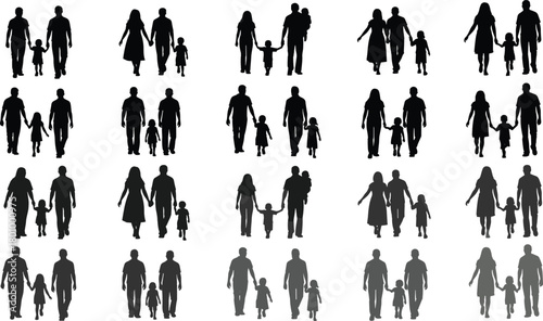 Families walking together silhouettes collection, parents holding hands with children, happy couples and kids, generational bonding vector set.