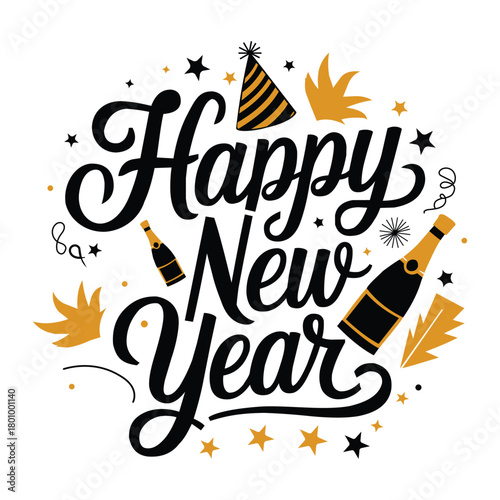 Happy new year text with champagne bottles and party elements isolated on white background