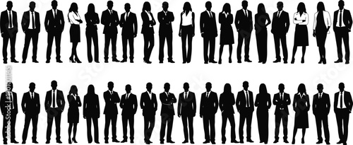Business people silhouettes collection, men and women standing in suits and formal wear, corporate staff and professional teamwork vector set.