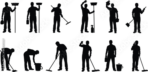 Set of cleaner and janitor silhouettes, professional cleaning staff working with brooms, mops, and buckets, household and commercial service vectors.
