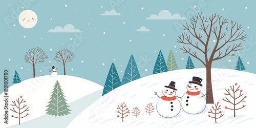 Vector  christmas  winter landscape with snowmen trees and a smiling moon in the sky