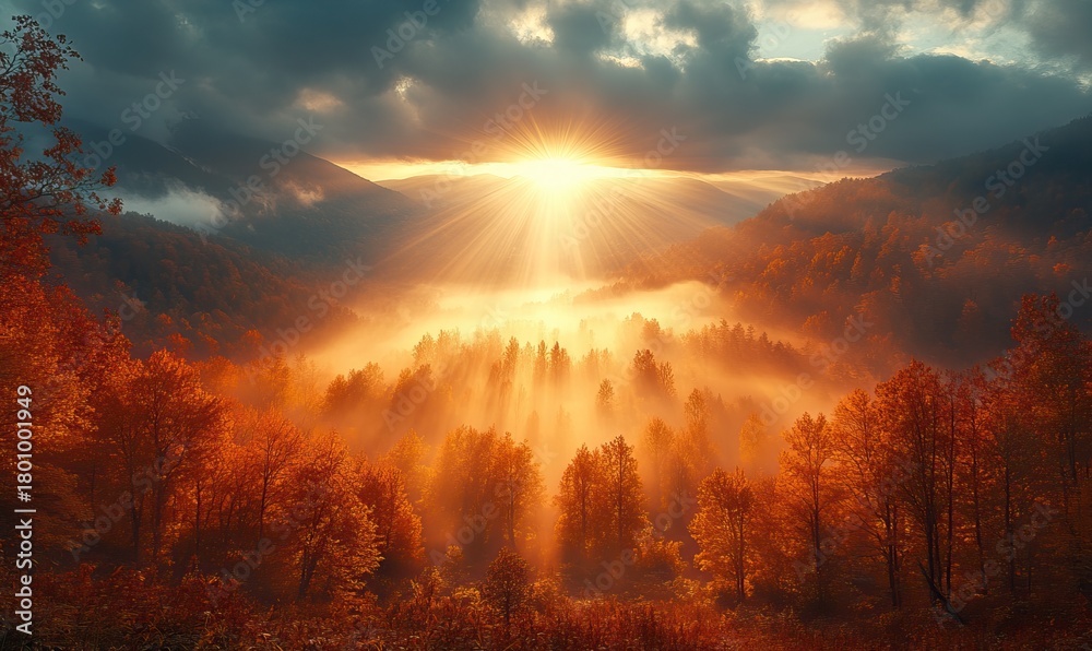 Fototapeta premium Golden Autumn Sunrise Illuminating a Misty Forest Valley with Mountain Backdrop