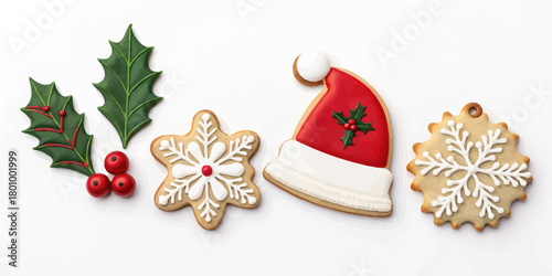 Vector  christmas  arrangement of christmas cookies and holly on a white background