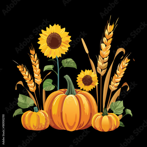 Traditional Autumn Harvest Arrangement: Pumpkin, Sunflowers, Wheat and Corn Plant Stalks, Simple Vector Illustration