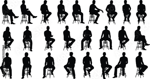 Men sitting on stools silhouettes collection in various relaxed and attentive poses, bar, counter, and office seating vector illustration set.