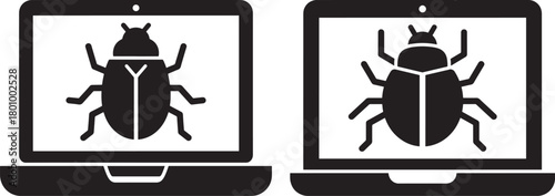 Two laptops displaying a bug silhouette