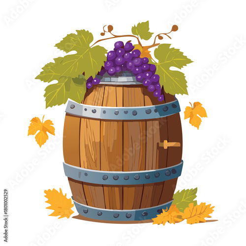 Rustic Wooden Wine Barrel with Grape Plant Vines and Large Purple Fruit Clusters, Perfect for Winery and Harvest Themes