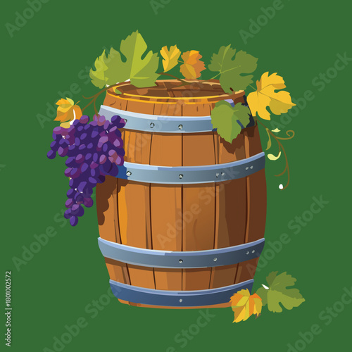 Wine Barrel Decorated with Ripe Grape Plant Vines and Clusters, Traditional Oak Cask for Winemaking and Autumn Harvest Celebration