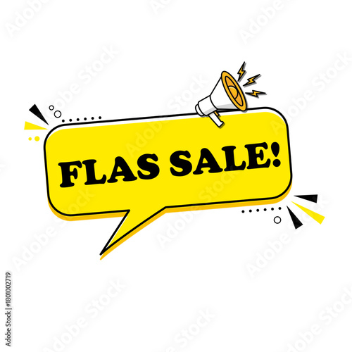 Dynamic yellow speech bubble featuring a bold 'Flash Sale!' message, accented by a megaphone icon and decorative elements, ideal for digital marketing promotions and urgent discount announcements