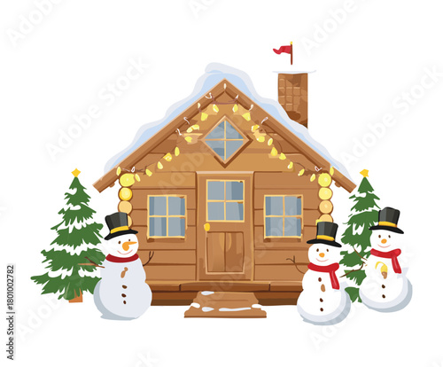 A welcoming wooden cabin house with snow-covered roof, adorned with christmas lights and a friendly snowman greeting visitors at the door