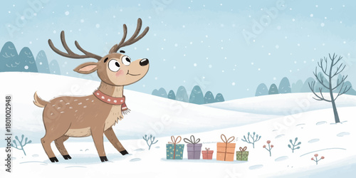 Vector  christmas  cartoon reindeer with gifts in a snowy winter wonderland scene