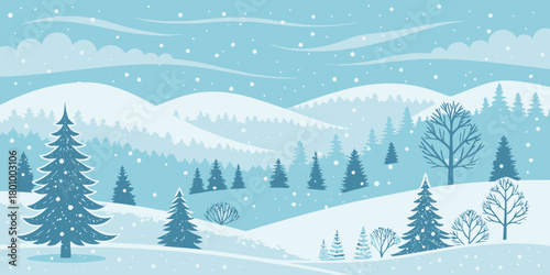 Vector  christmas  a winter landscape with snow covered hills and evergreen trees scene