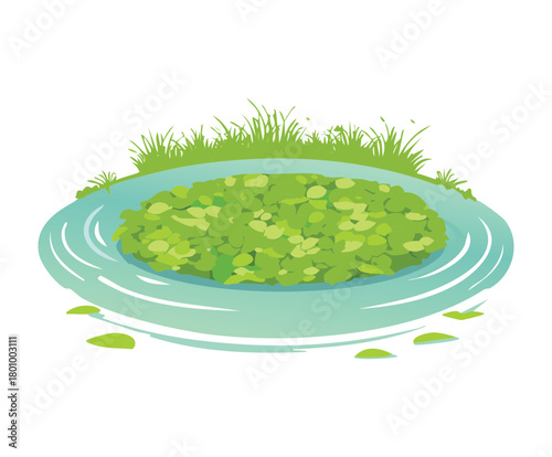 A dense patch of floating green aquatic duckweed and water plants covering a circular section of a still pond, suggesting a healthy marsh ecosystem plant