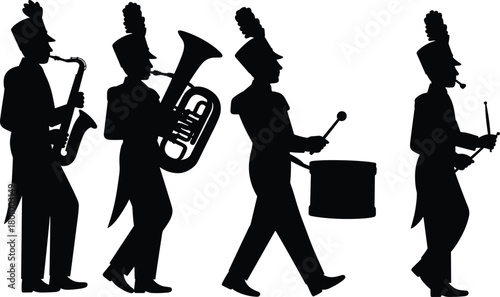 Black silhouette set of four marching band musicians with instruments including saxophone, sousaphone, bass drum, and snare drum