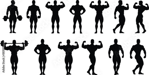 Bodybuilder and fitness man silhouettes collection, showing muscular poses and lifting weights, strength, power, and gym workout vector set.