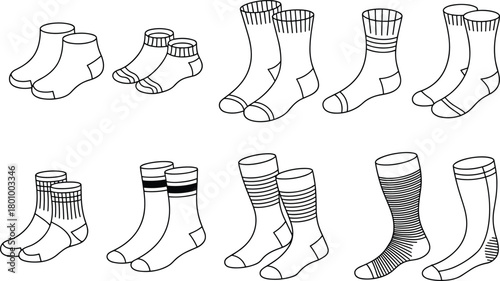 Sock design template collection, various outline styles of ankle, crew, and long socks for apparel illustration, clothing mockup, vector set