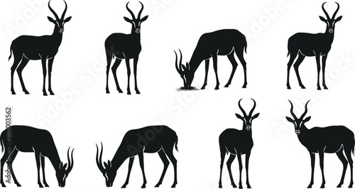 Antelope or gazelle silhouettes collection in different poses, standing and grazing on pasture, African savanna animal icons vector set.