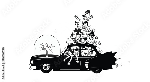 Whimsical cartoon scene of many animals crammed into a vintage car, overflowing with joy and adventure.
