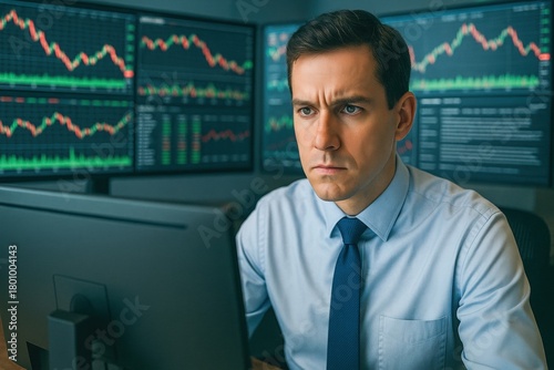 Man analyzing stock market data on multiple monitors in office