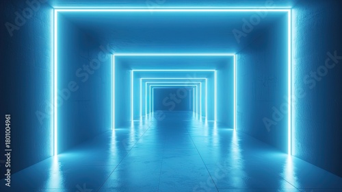 Fototapeta Naklejka Na Ścianę i Meble -  Neon blue light tunnel corridor with a perspective view.